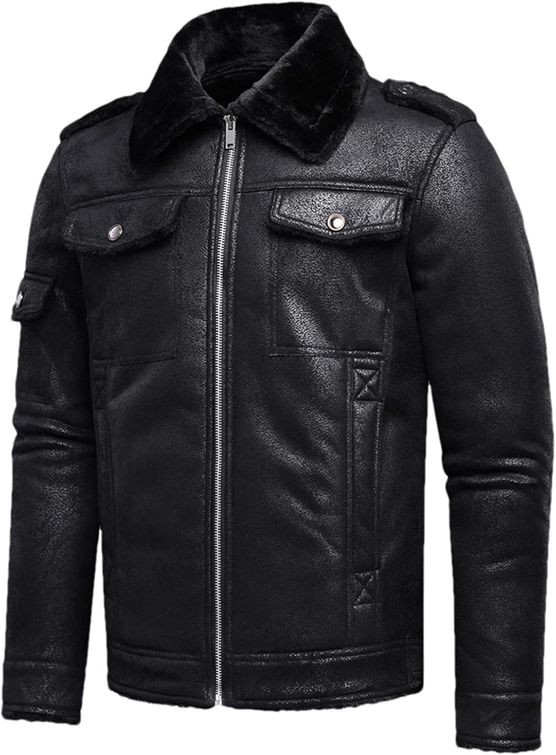 Men Winter Vintage Fleece Faux Leather Jacket Casual Lapel Slim Fit Pockets Thick Warm Motor Pu Leather Coat