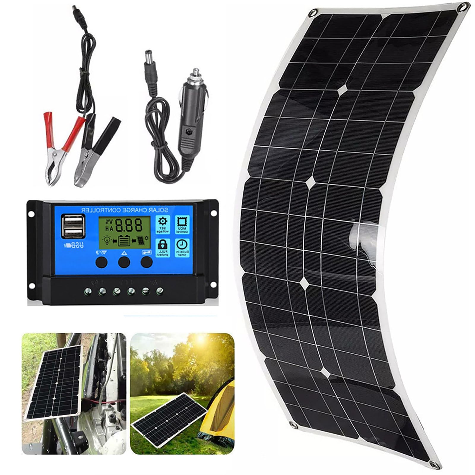 Kit Pannello Solare Flessibile 100w 200 W 300w 400w 500w 600w + Controller 40a, Pannello Solare Portatile con Alimentazione USB 12v per Camper/Tetto/Barca/Auto/Campeggio,1x100W