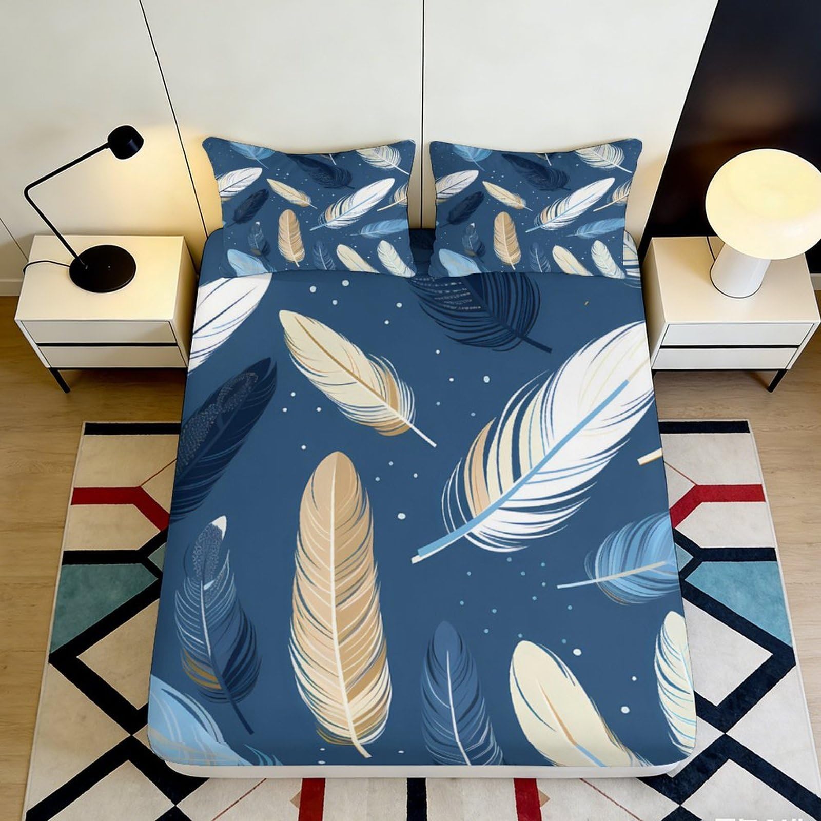 3D Printed Feather Fitted Sheet Microfiber All Wrap Non-Slip Deep Pocket Feather Mattress Fitted Cover Bedroom 140x200x25cm