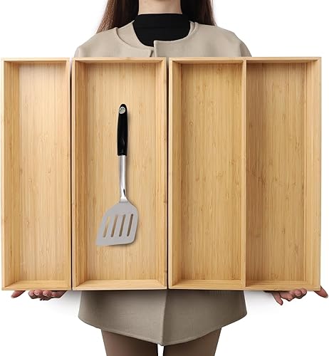 Juego de 3 organizadores de cajones de bambú en forma de V, platos grandes y largos de cocina, caja de almacenamiento de cubiertos y cubiertos,