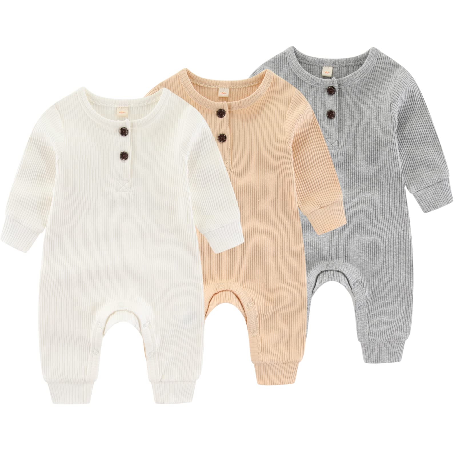 IADOER Newborn Baby Boys Girls One Piece Romper With Mitten Cuffs 3 Pack Long Sleeve Ribbed Button Jumpsuit Outfit Clothes