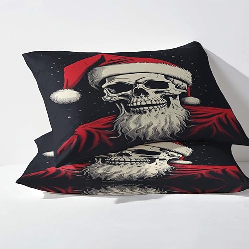 Miniatura 3 de Sábanas de Navidad tamaño California King, juego de sábanas de calavera con patrón de terror, juego de 4 piezas  Sábana bajera ajustable de