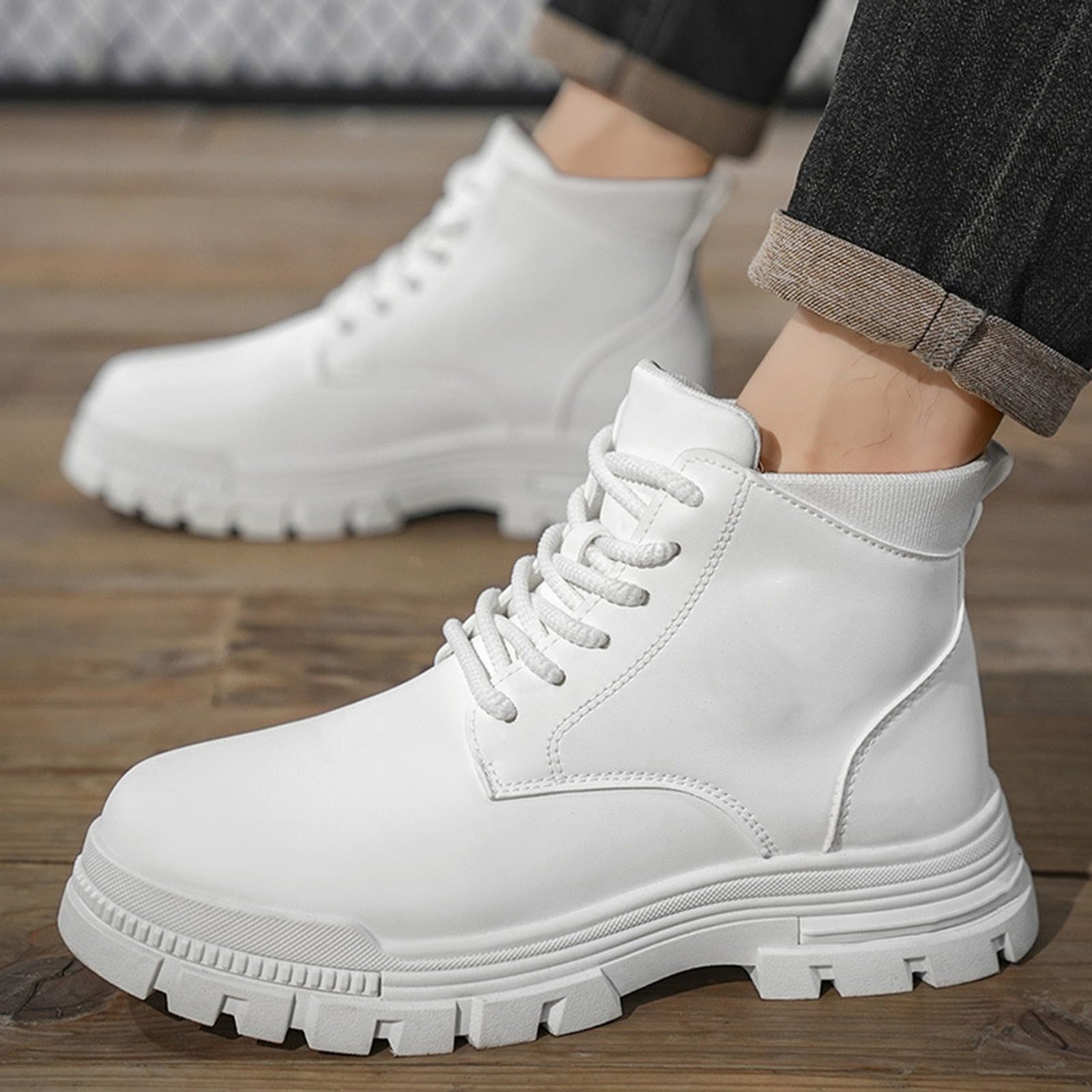 Damen Stiefeletten Leder, Schnürboots Plateau Abriebfest Springerstiefel