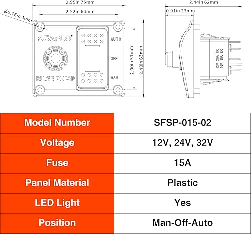 Miniatura 4 de SEAFLO Panel de interruptores de bomba de sentina de 3 vías (automático-apagado manual) 12v 24v con disyuntor integrado de 15 A