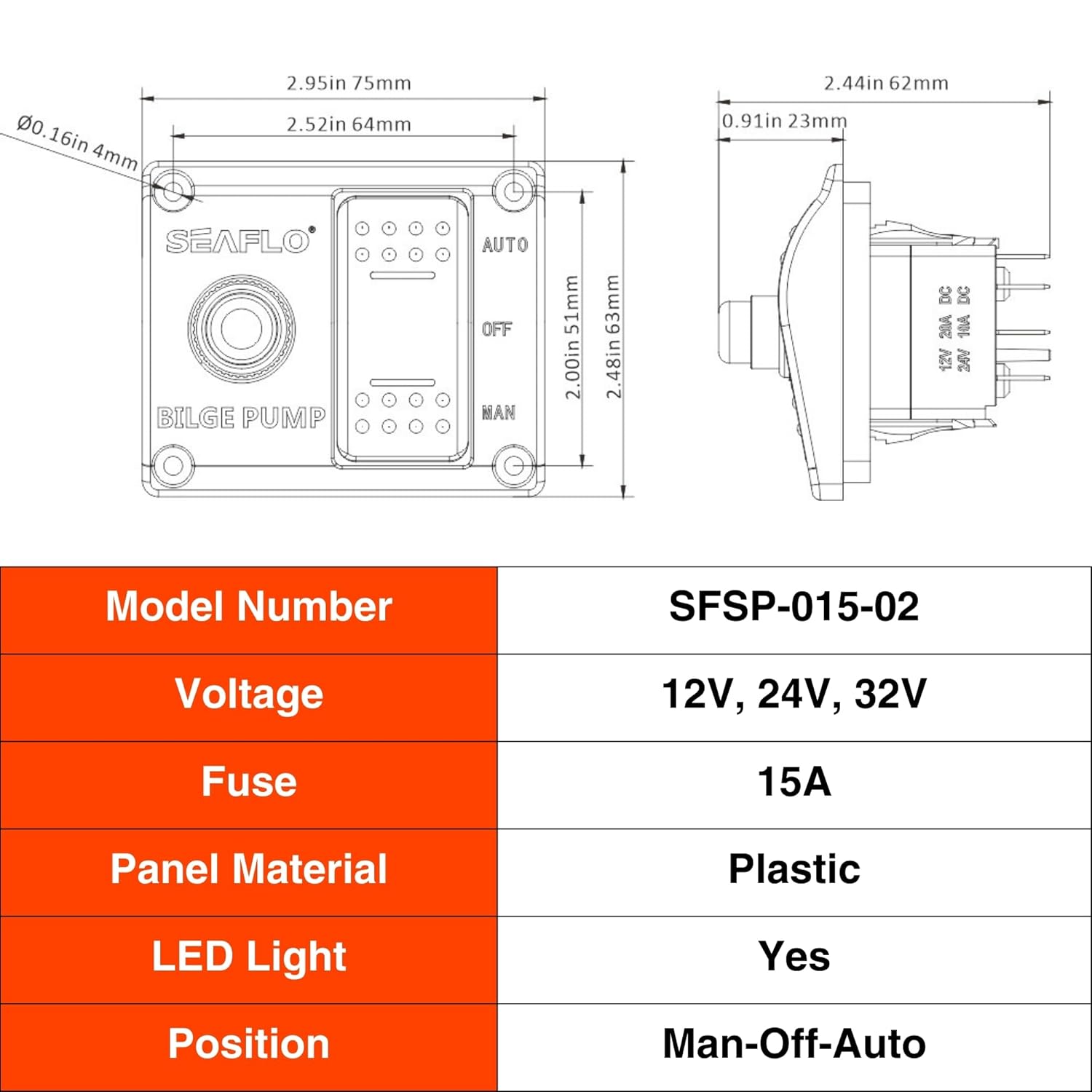 SEAFLO Bilge Pump Switch Dimensions and Specifications