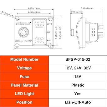 SEAFLO 3-Way Bilge Pump Switch Panel (Automatic-Off-Manual) 12v 24v w/Built-in 15A Circuit Breaker