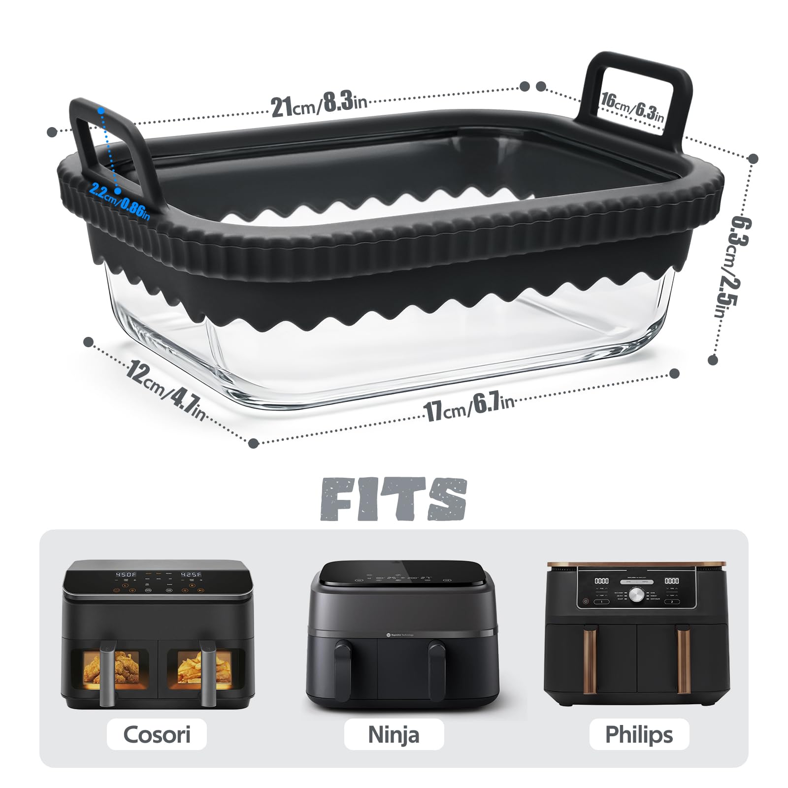 Lot de 2 Plat en Verre Pour Air Fryer Avec Poignées en Silicone pour Ninja Cosori Philips,Récipient en Verre Airfryer Résistant à la Chaleur et Aux Rayures,Passe au Lave Vaisselle Plat Verre Air Fryer - 2