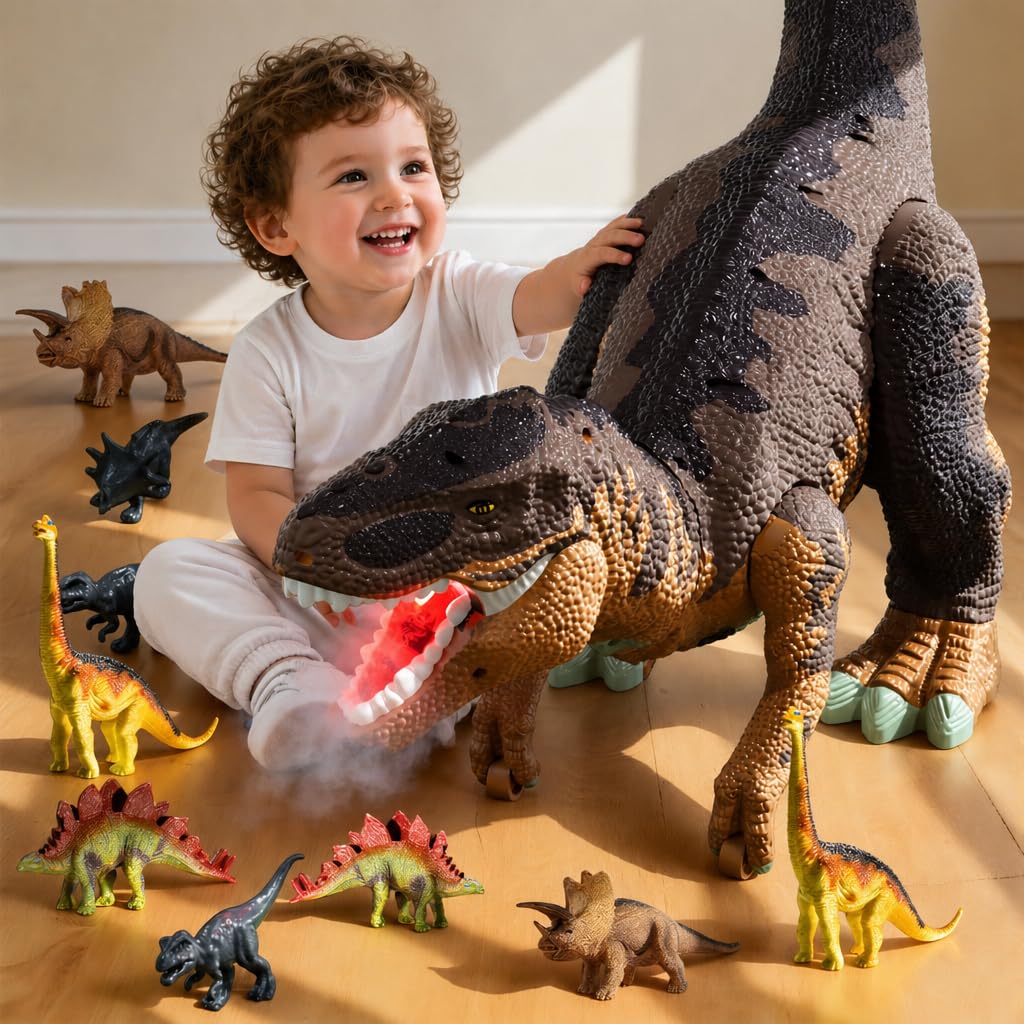 WOANZZ Giant 60cm Dinosaur Toy Large T-Rex with 10 Mini Dinos, Mist Spray, Red Light & Roaring Sound, Detachable Tyrannosaurus Rex Car Playset, Birthday Gifts for Kids Boys Age 3 4 5 6 Years, Brown