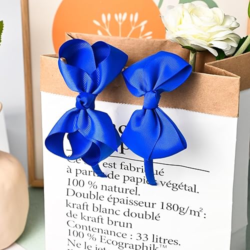 Miniatura 6 de DEEKA 2 diademas de lazo azul real de 4 pulgadas, lazos para el pelo con cinta de grogrén para niños pequeños, accesorios para niñas pequeñas, juego