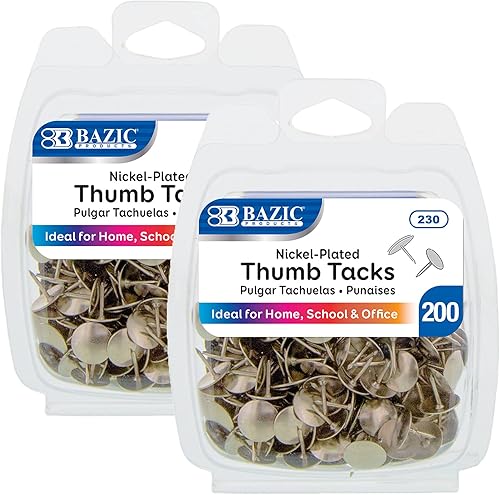 BAZIC - Alfileres de empuje, punta plana de acero de níquel plateado para pulgar, para tablón de anuncios, mapas, fotos, oficina, escuela (200 por
