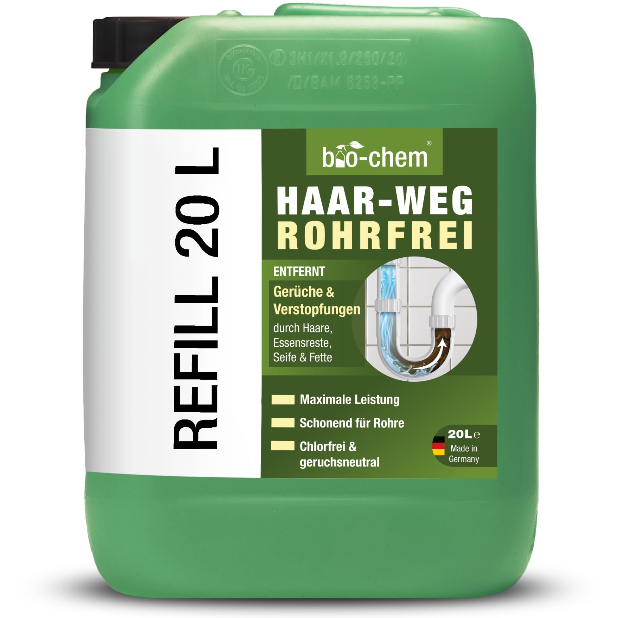 bio-chem Haar-Weg Abflussreiniger extra stark 20L | Rohrreiniger gegen Verstopfungen und Haare | bis zu 20 Anwendungen je Liter | gegen Verstopfungen & Haare