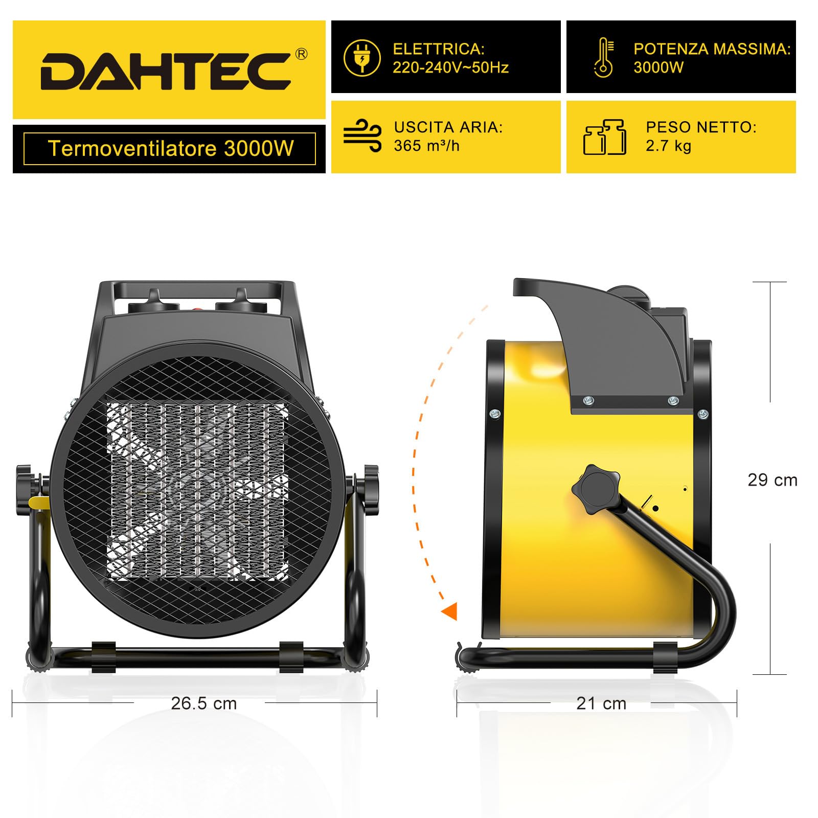 Stufetta Elettrica 3000W - Ceramico Riscaldamento Rapido in 3 s | Termoventilatore Basso Consumo - Radiatore Elettrico - Adatto per la Bagno, Casa, l'ufficio e il Cantiere