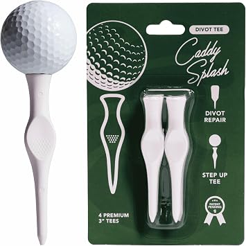 Caddy Splash Step Up Golf Tees 3 Inch & Divot Repair Tool, Plastic, 4 Pack | Perfect Height Step-Up Golf Tees for Consistent Drives + 2-in-1 Single Prong Divot Tool for Green Repair, Durable Plastic