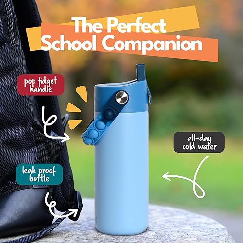 Miniatura 4 de Elemental Botella de agua aislada para niños, botella de agua de acero inoxidable con tapa de popote y asa Pop-it, botellas de agua a prueba de