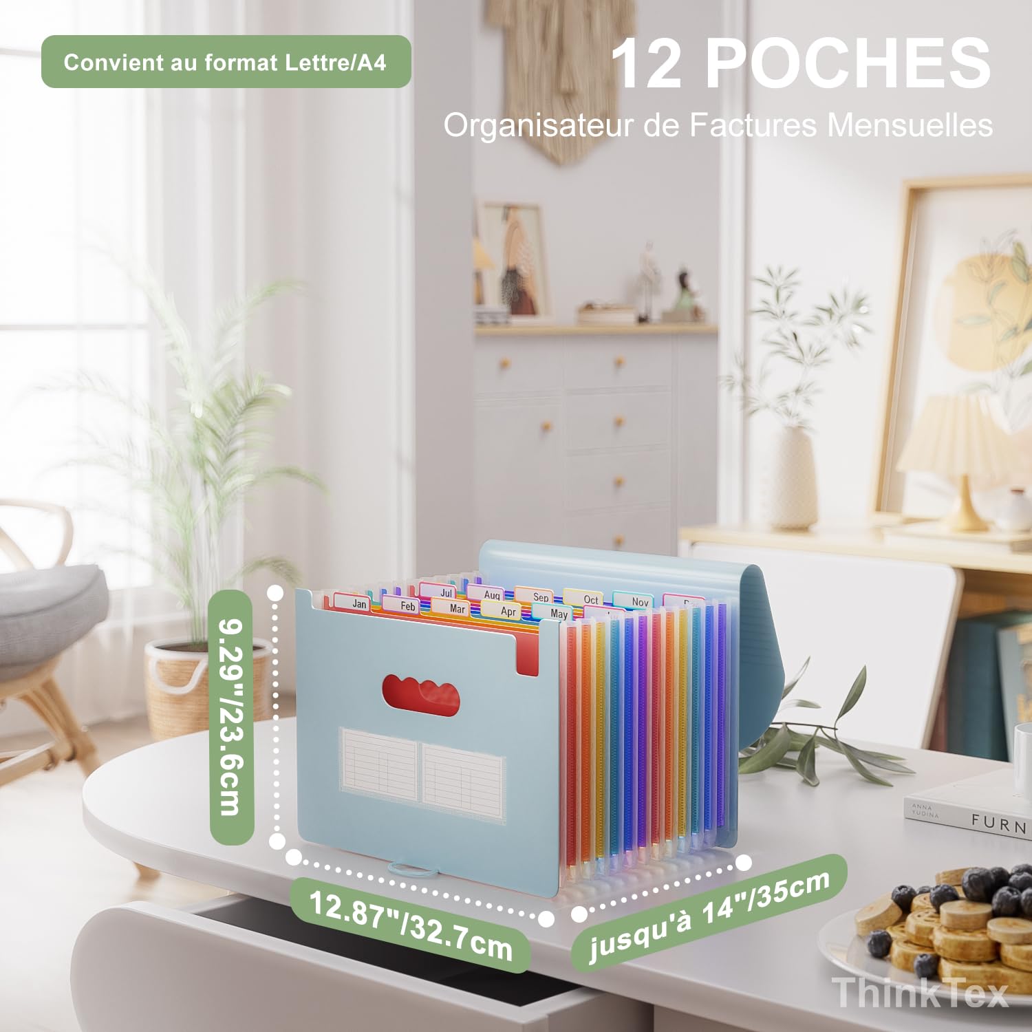 ThinkTex Trieur A4, 12 Pochettes Extensible Range Document, Rangement Papier Administratif, Classeur Documents Administratifs, Organiseur de Factures Mensuelles, Format Lettre/A4 - Morandi Bleu
