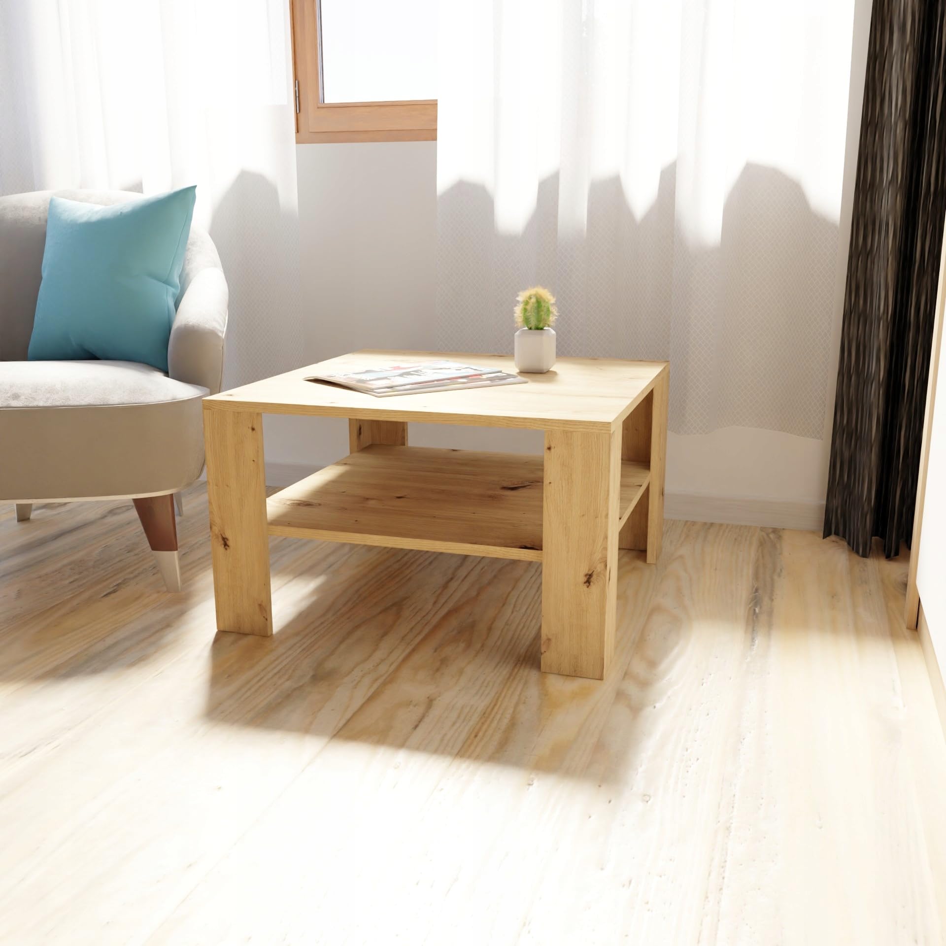 MATKAM Elegante Couchtisch 68x68 cm NIEDRIG EX3, Minimalistisches Design, ideal für Wohn- und Arbeitsräume, einfache Montage (Artisan Eiche)