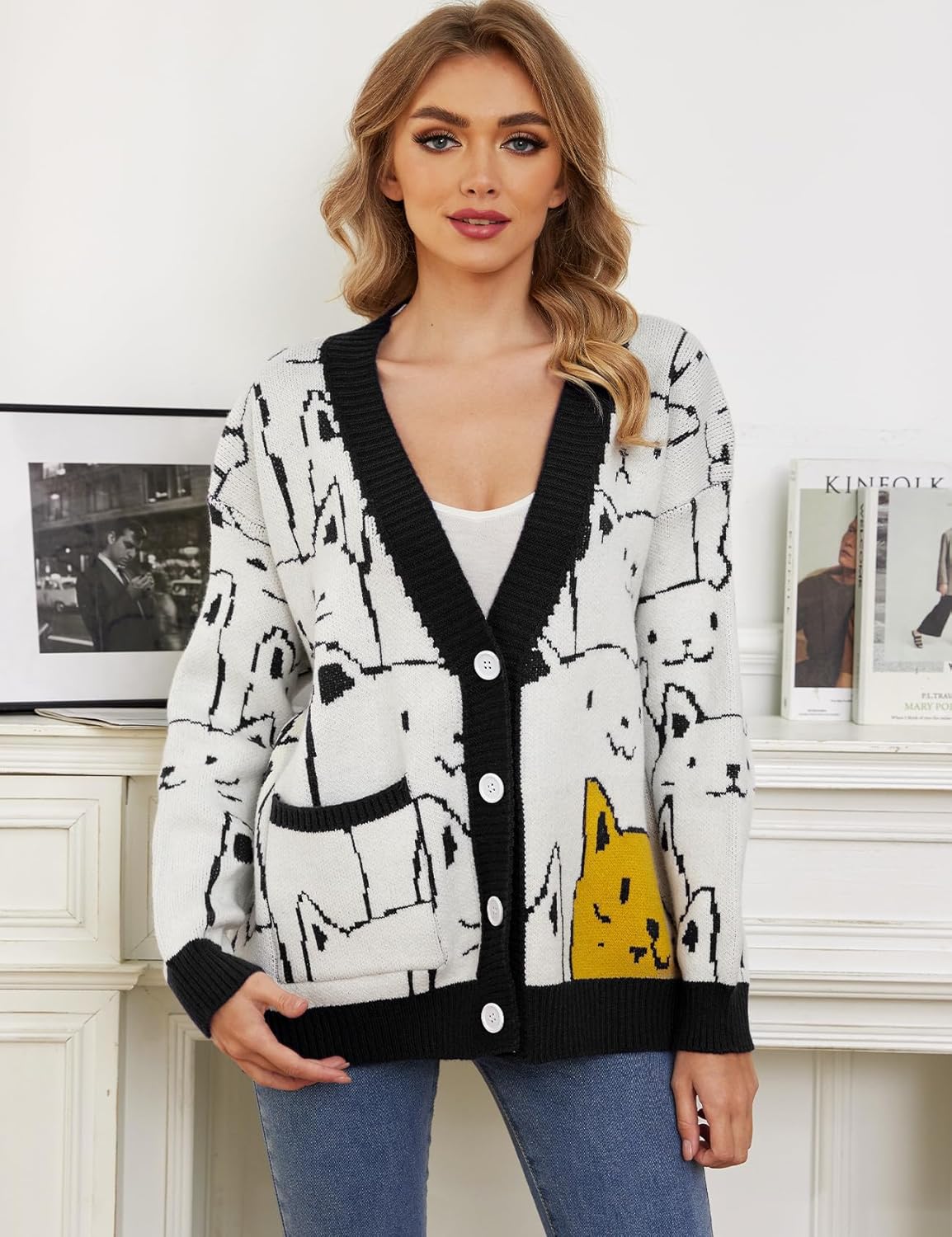Arssm Cat Sweater for Women Oversized Button Down V Neck Knit Cardigan Cute Kawaii Cartoon Print Sweater Fall Clothes - Image 3
