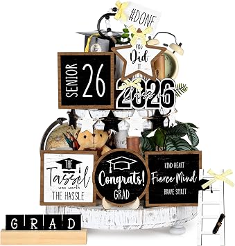 Mifoci 15 Pcs Graduation Tiered Tray Decor Set Farmhouse Wood Class of 2026 Table Decorations Rustic Graduation Wooden Tabletop Signs for Home Kitchen Shelf Decoration