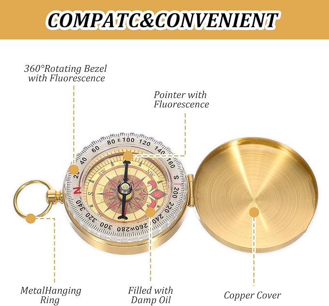 Brass Compass for Hiking, Pocket Compass with Keychain Loop Gold | Large Dial, Pocket Compass, Keychain Loop, Camping Survival Navigation Tool, For Teen Scouts Men Outdoor miniatura 7