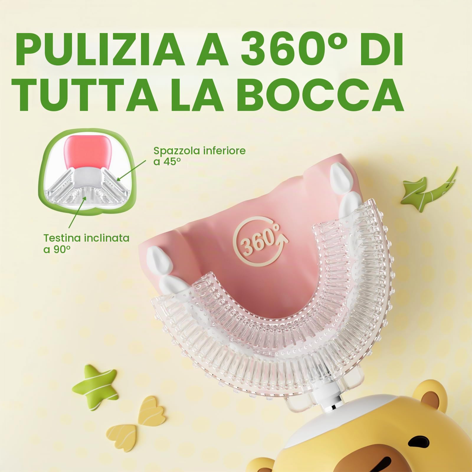 Spazzolino elettrico per bambini a forma di U - Capibara con 6 testine per pulizia completa della bocca, spazzolino automatico per bambini, con impermeabilità IPX7 (Capybara, 2-14 anni)