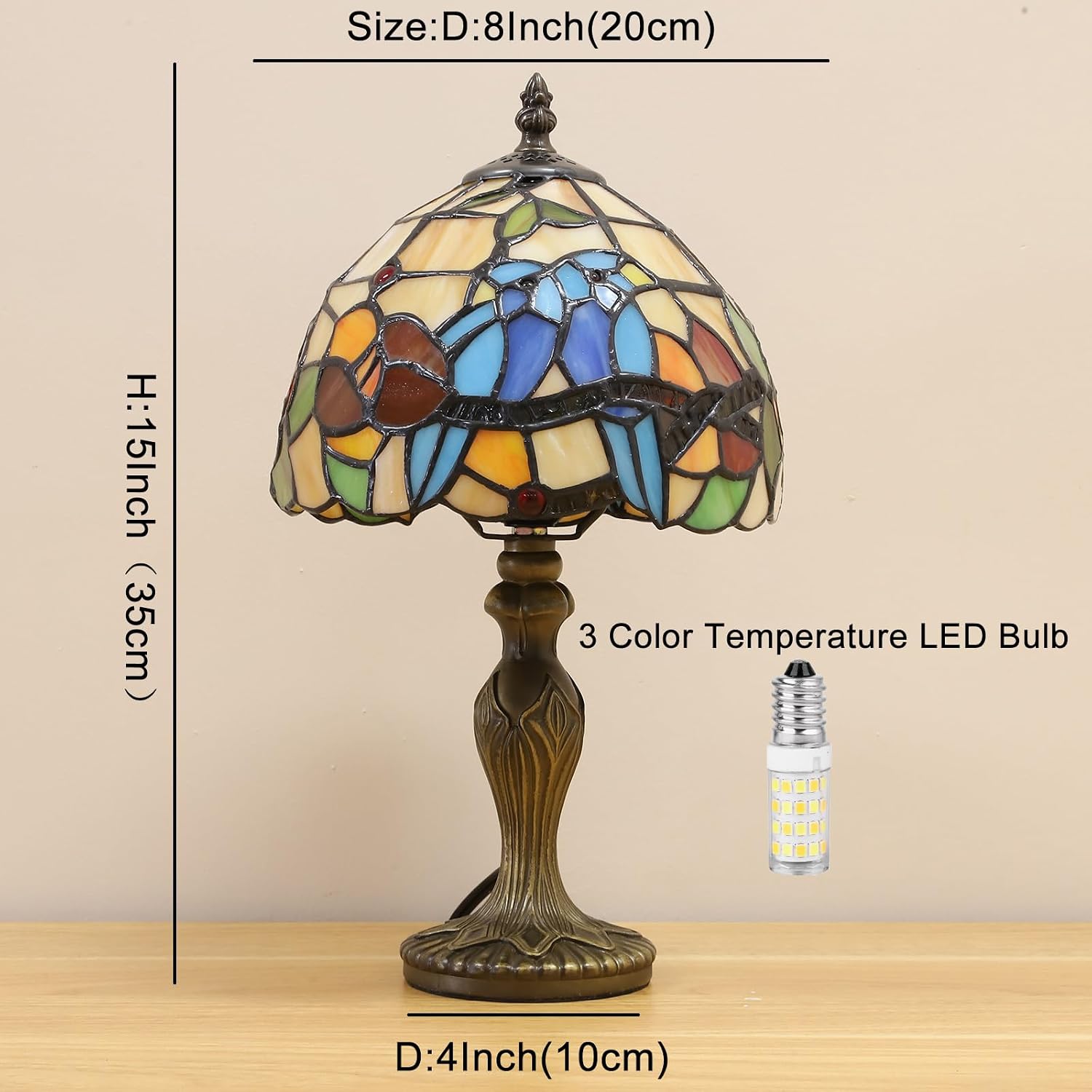 Tiffany Small Table Lamp Hummingbirds Stained Glass 3 Way Color-temperatures Antique Side Table Lamps Bedside Nightstand Lamp for Bedroom Living Room Home Office +LED Bulb 8X8X15Inch