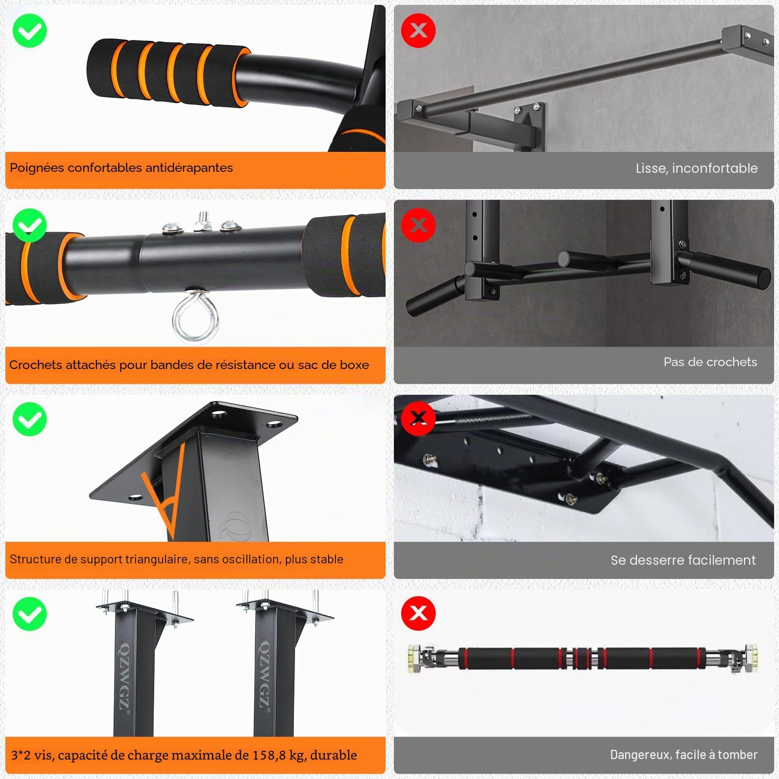 Barre de traction réglable en hauteur, barre de traction robuste, support de poutre, barre de traction, support de plafond, appareil d’entraînement de force pour la maison, salle de sport