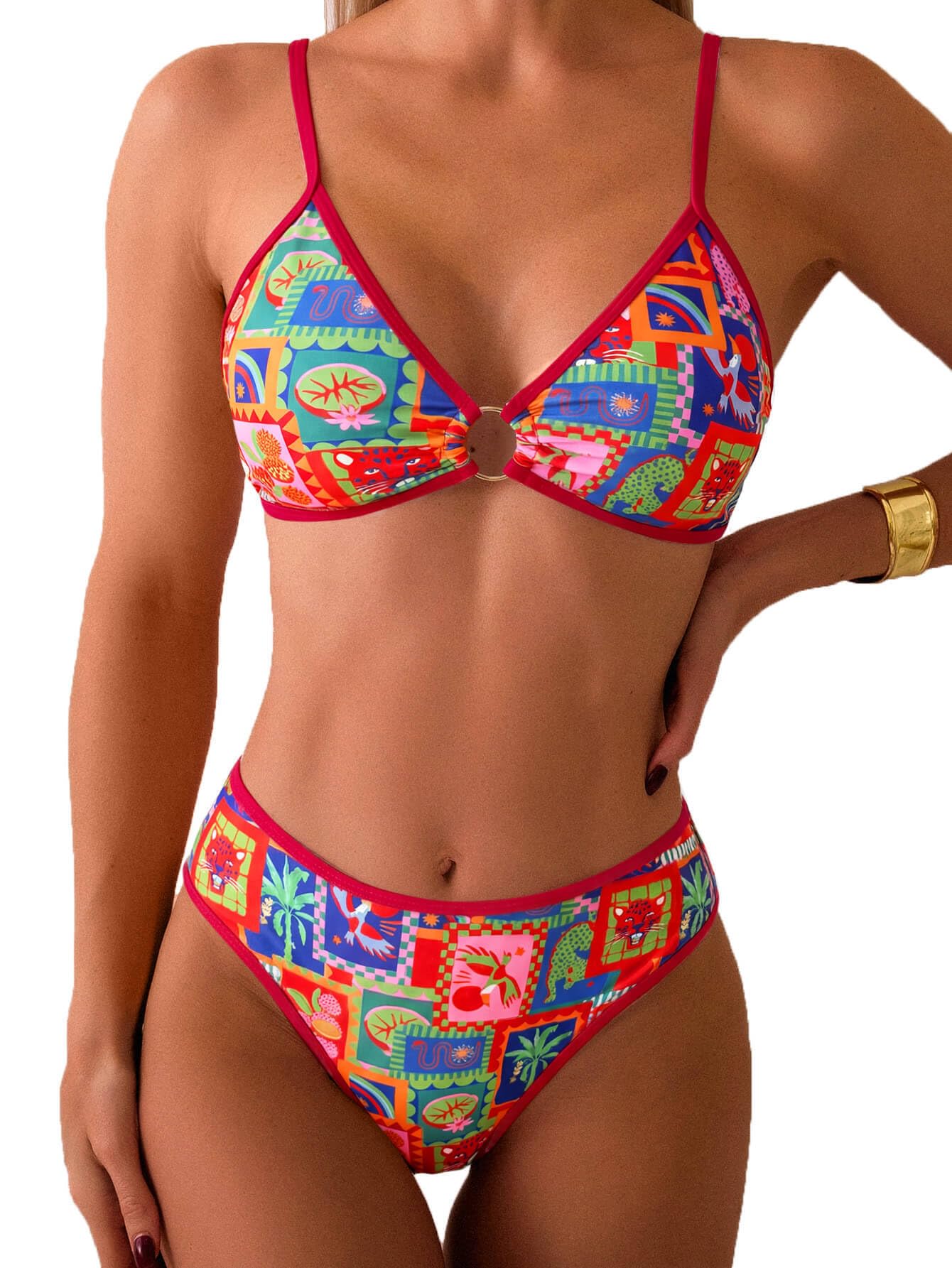 Fanuerg Women's Triangle Bikini Sets O Ring Linked Two Piece Swimsuits Floral Printed Cheeky Bathing Suit