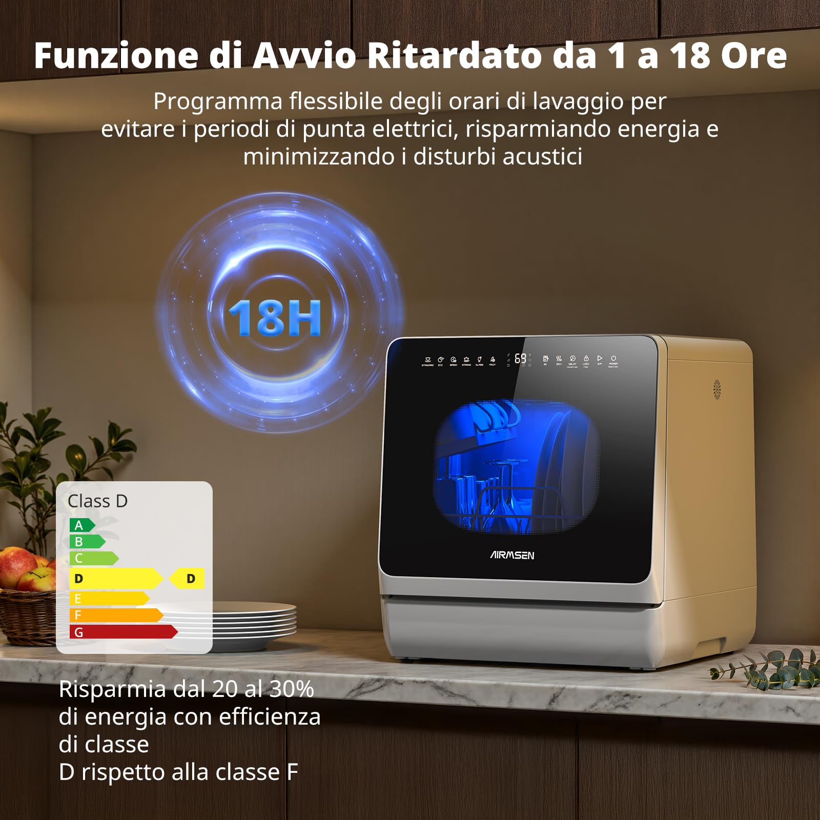 AIRMSEN Mini Lavastoviglie da Tavolo, lavastoviglie portatile da 5L, 8+3 Programmi, Avvio Ritardato 1–18 h, Sistema di Addolcimento e Blocco Bambini