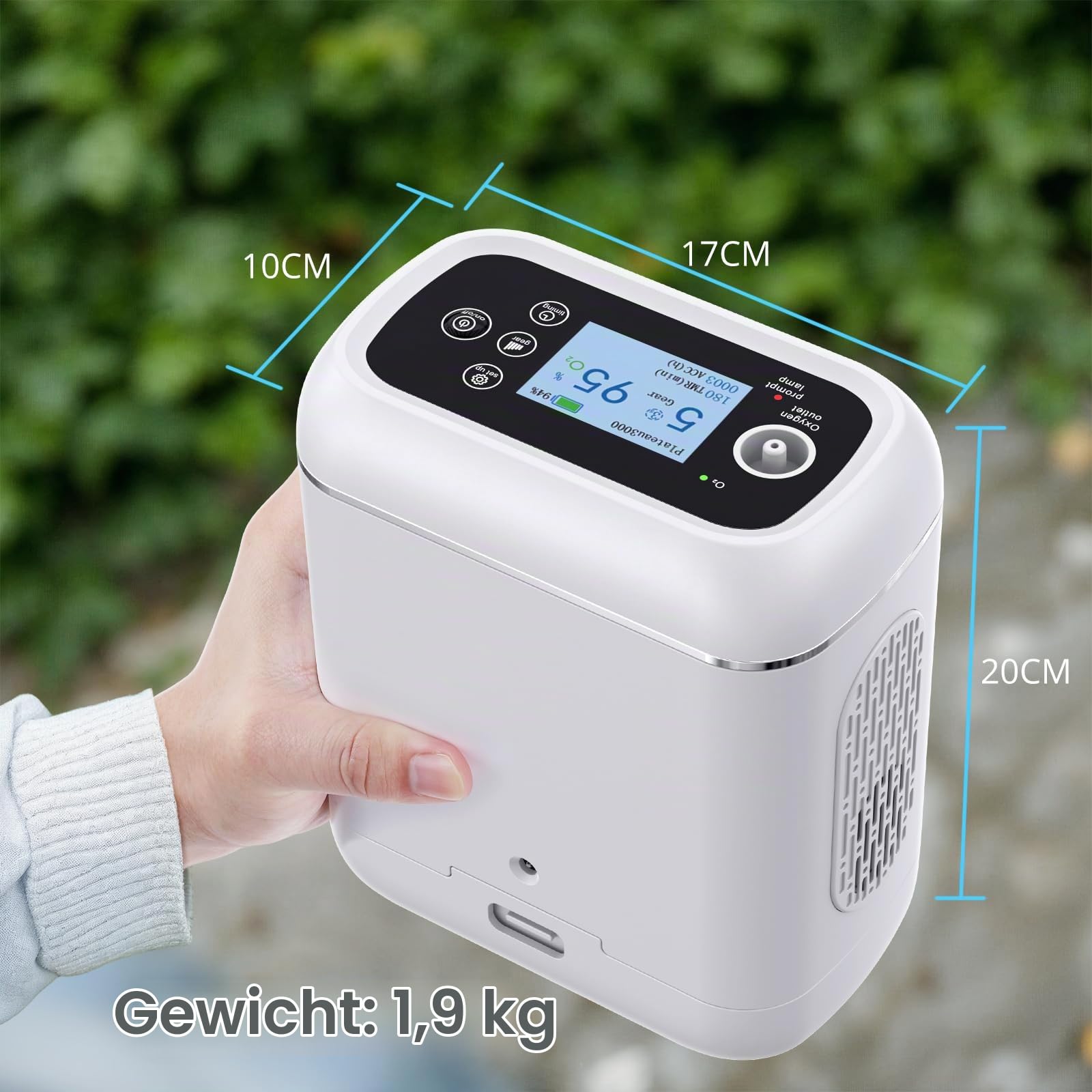 Mobil Sauerstoffkonzentrator mit Akku, sauerstoffgerät für zuhause, Tragbarer Sauerstoffgerät für Autos, Ausflüge und Reisen, mit Ai-Chip, Pulsmodus - Anleitung in Deutsch