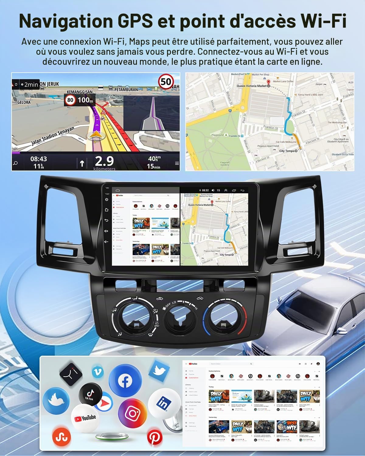 NHOPEEW Autoradio Android 2G+64G pour Toyota Hilux 2005-2014 - sans Fil Carplay & Android Auto - Stéréo Android 9 Pouces avec WiFi EQ GPS Mirror Link FM RDS + AHD Caméra de recul&Mic