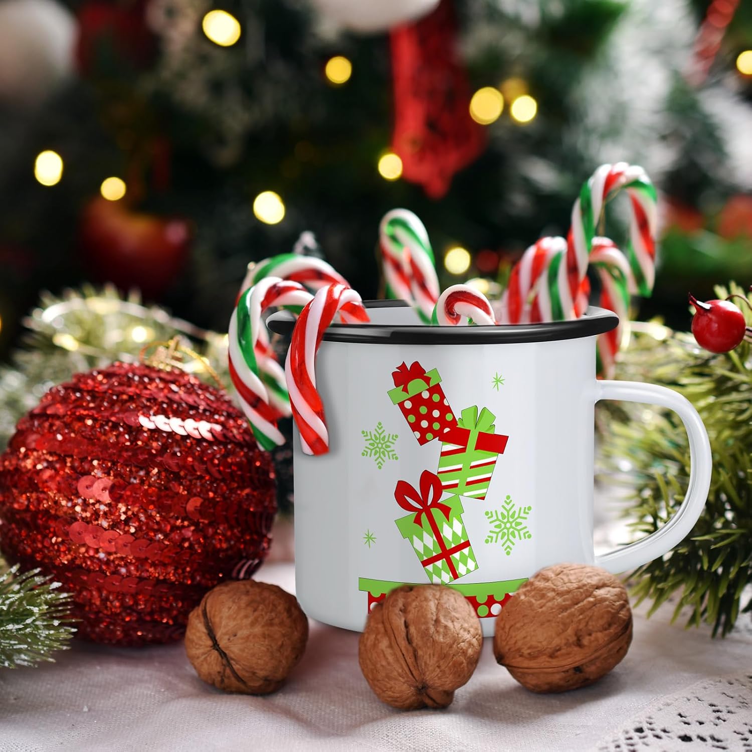 Chengu Set of 12 Enamel Mug Gifts Coffee Mug Green Christmas Cups Designs Holiday Mugs Novelty Drinking Cup for Home Office Christmas Birthday Parties, 12 oz, Green Style