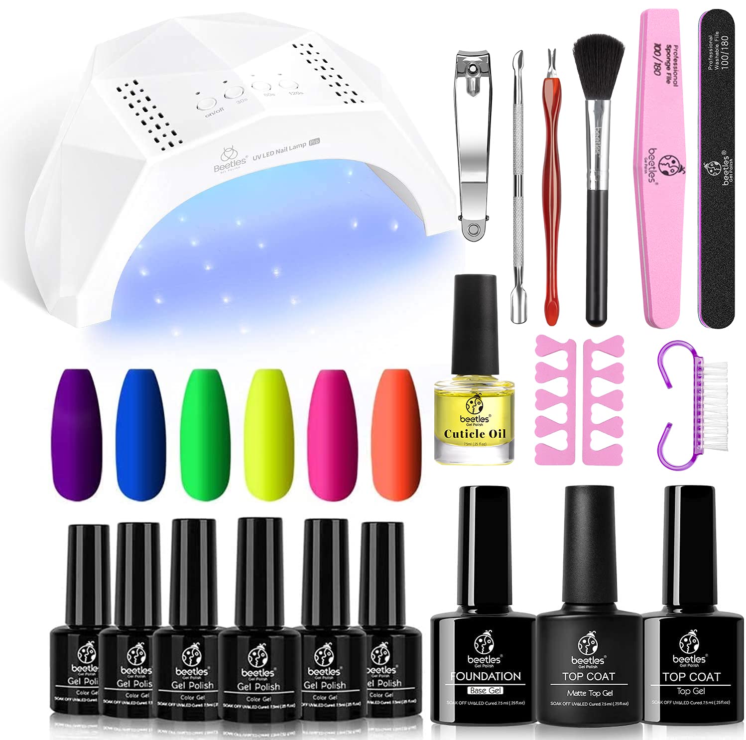 Beetles Gel Nail Polish Kit with 48W U V LED Nail Light Gel Polish Starter Kit Orange Hot Pink Blue Yellow Green Purple Manicure Set Soak off Gel Polish Salon DIY at Home Nail Design Decoration