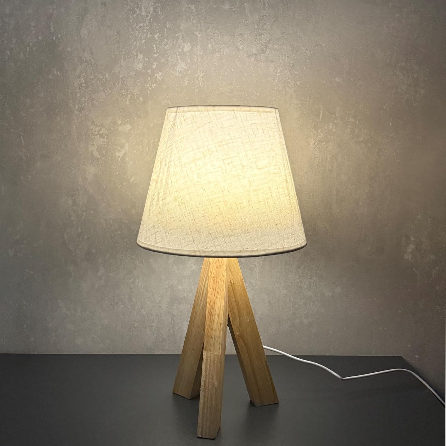 Tripod Table Lamp, Small Cute Bedside Lamp with Linen Beige Lampshade, Nightstand Lamp for Nursery, Bedroom, Kid Room, Living Room, Light Brown Wooden Base, E26 Socket, 12.8Inch, 3000K, 4500K, 6000K