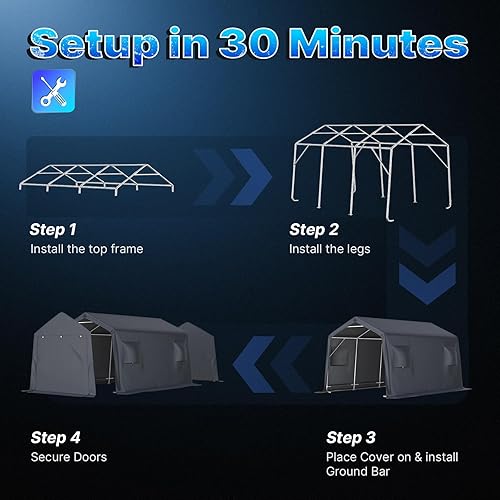 Miniatura 19 de ADVANCE OUTDOOR Refugio de garaje de 10 x 15 pies, techo de metal de acero, cobertizo de almacenamiento portátil para motocicleta, barco o Beige