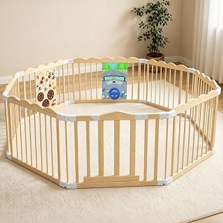 Wooden Baby Playpen with Toy 69x69In Foldable Toddler Fence with Safe Lock | 8 Panels Extra Large Natural Wood Foldable Playpen with Multiple Toys for Living Room, Bedroom, Babies and Toddlers
