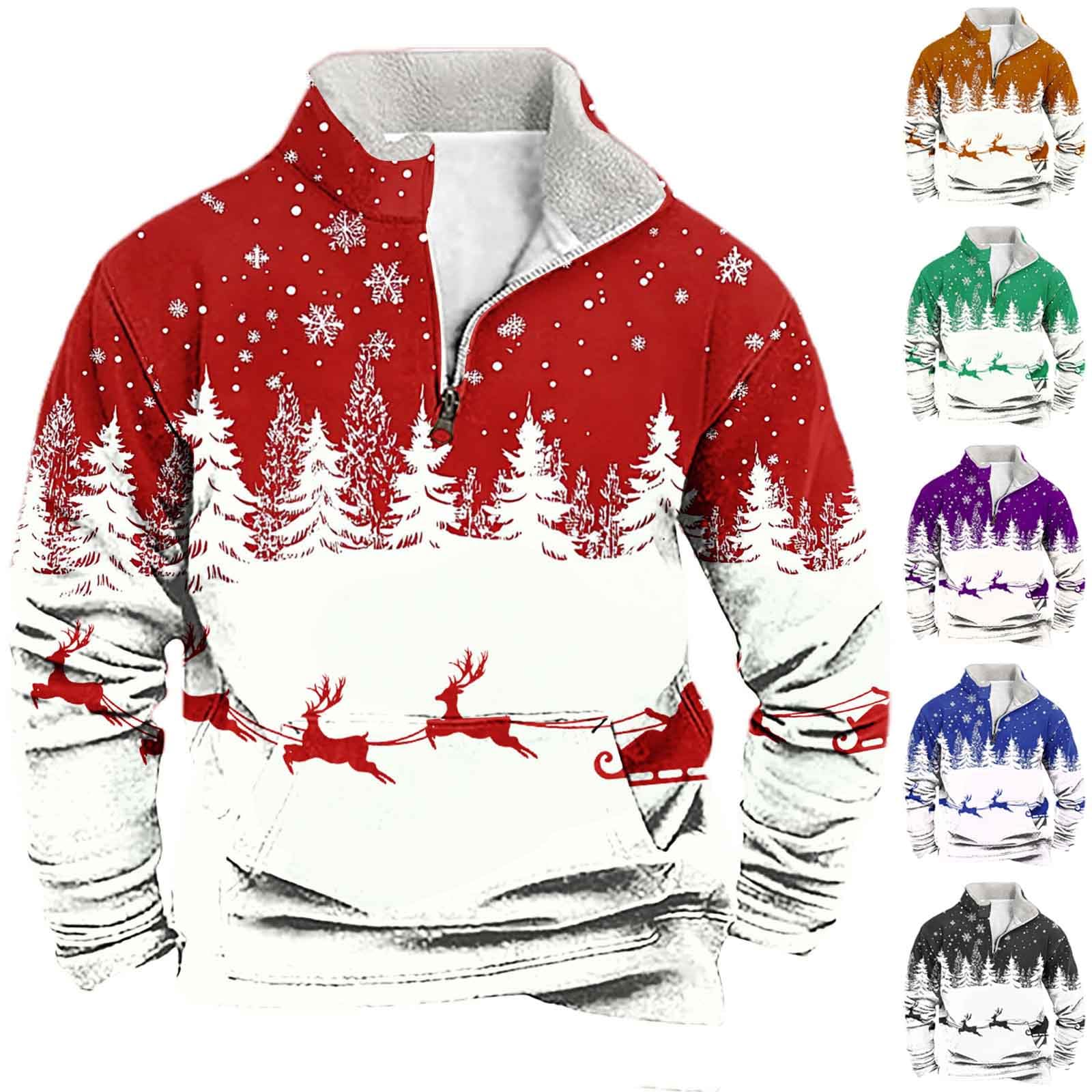 Weihnachtspullover Herren 1/4 Zip Up Weihnachtspulli Stehkragen Fleecepullover Rentier Aufdruck Christmas Sweater Warmer Winter Weihnachts Thermofleece Ugly Weihnachtshemd Schneeflocken Langarmshirt