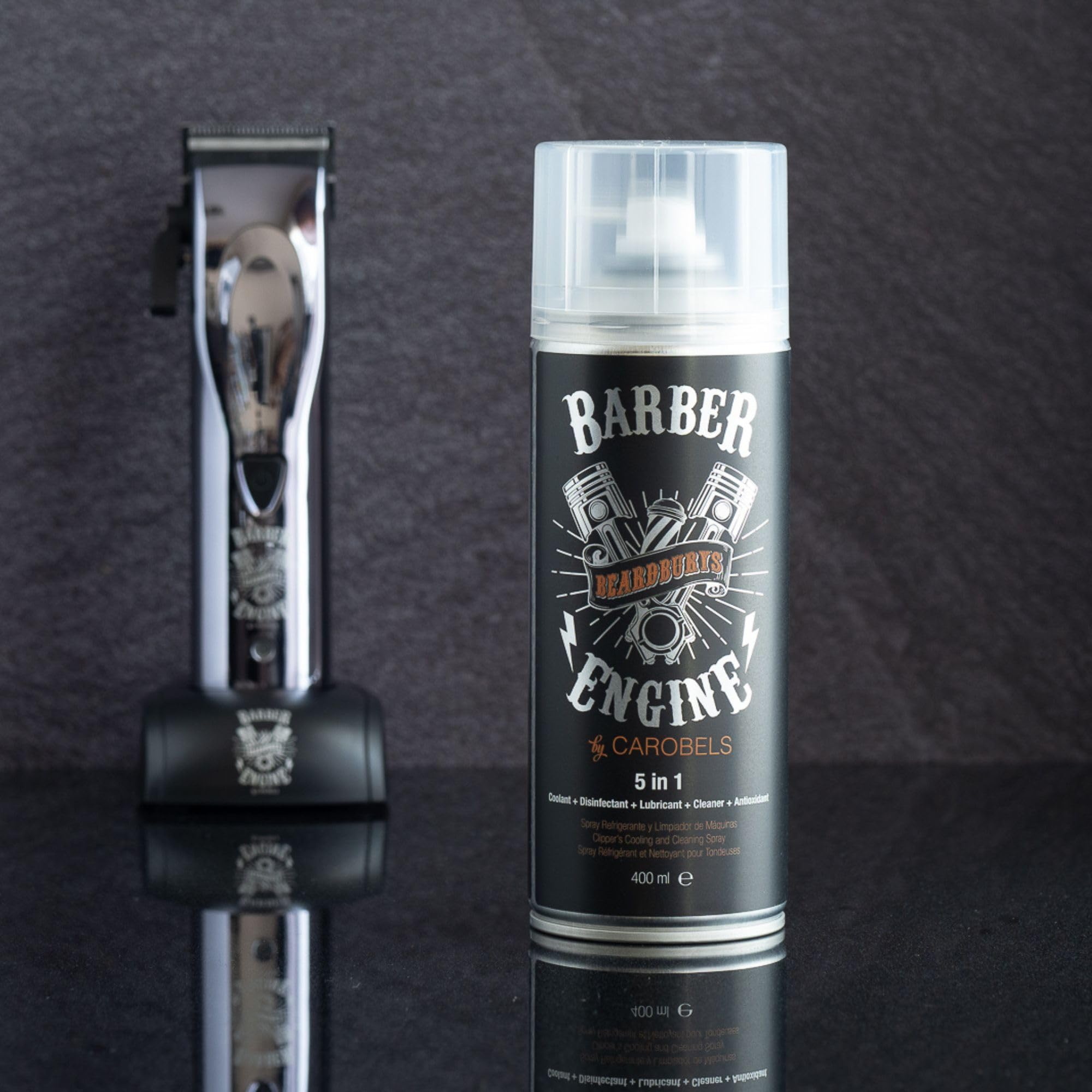 Beardburys Clipper Cleaning Spray 5 w 1 – Profesjonalny spray do pielęgnacji maszynek i trymerów: dezynfekcja, smarowanie, chłodzenie oraz ochrona przed rdzą – Spray higieniczny dla barberów, 400ml