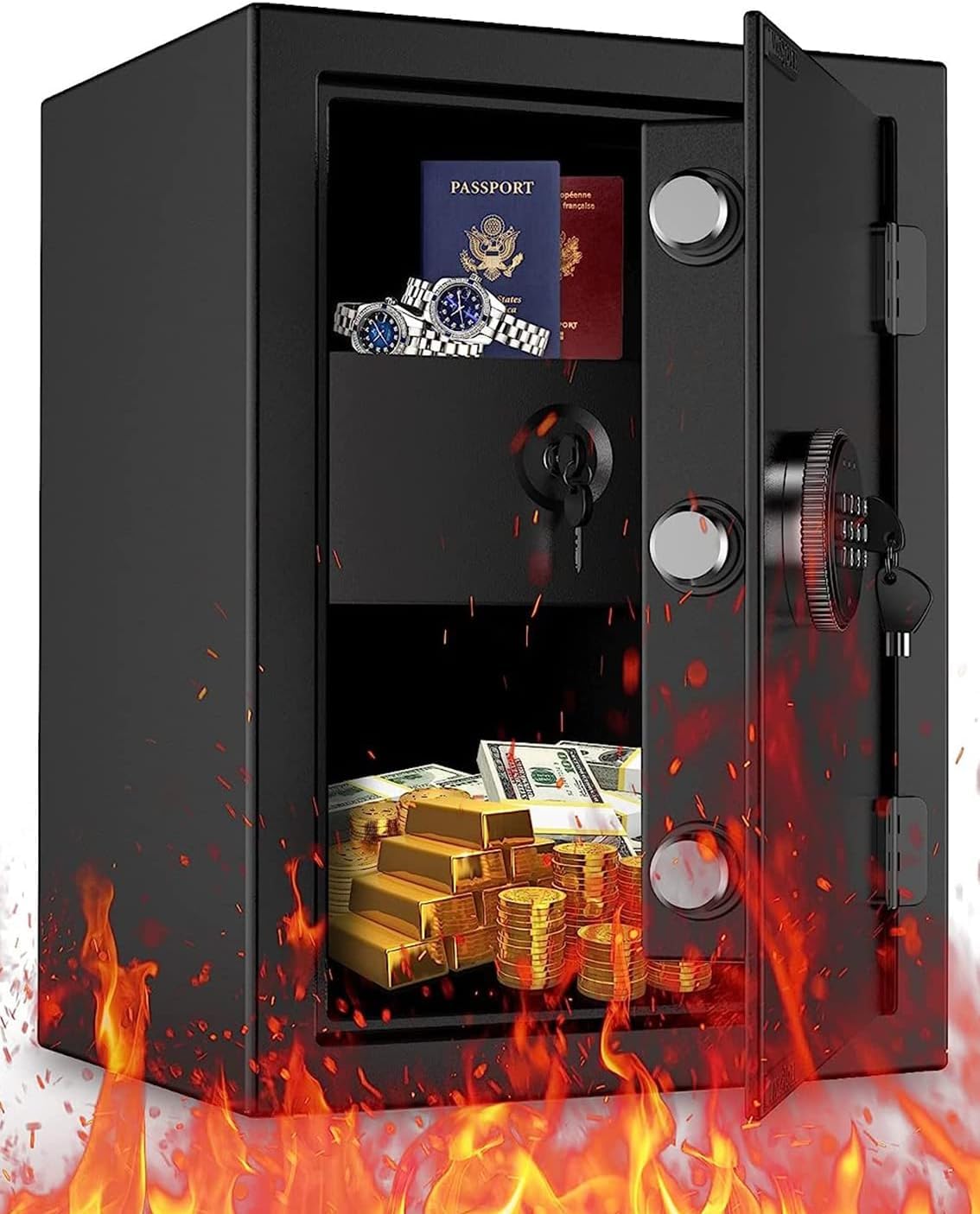 WASJOYE Caja Fuerte Ignífuga, Grande Caja Fuerte con Cajón Resistente al Fuego, Teclado Digital y Llaves, Safe Box Convencionales de Seguridad para el Hogar, Hotel, Dinero, Joyería, Pistola, 57L