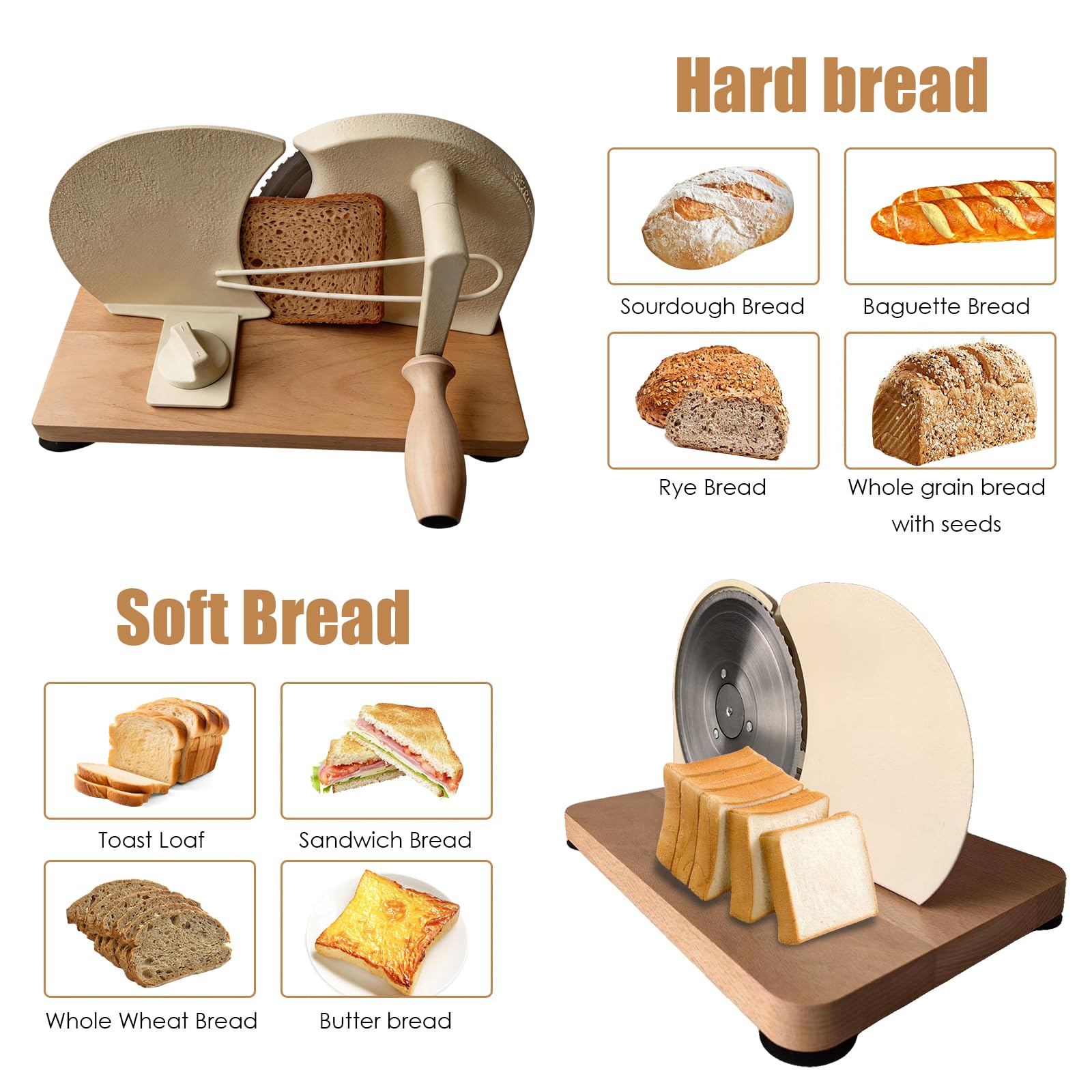 Trancheuse à Pain Manuelle, Coupe-Pain avec Socle en Bois & Lame Inoxydable Amovible, Épaisseur Réglable, Trancheuse à Pain pour Maison, Boulangerie & Café