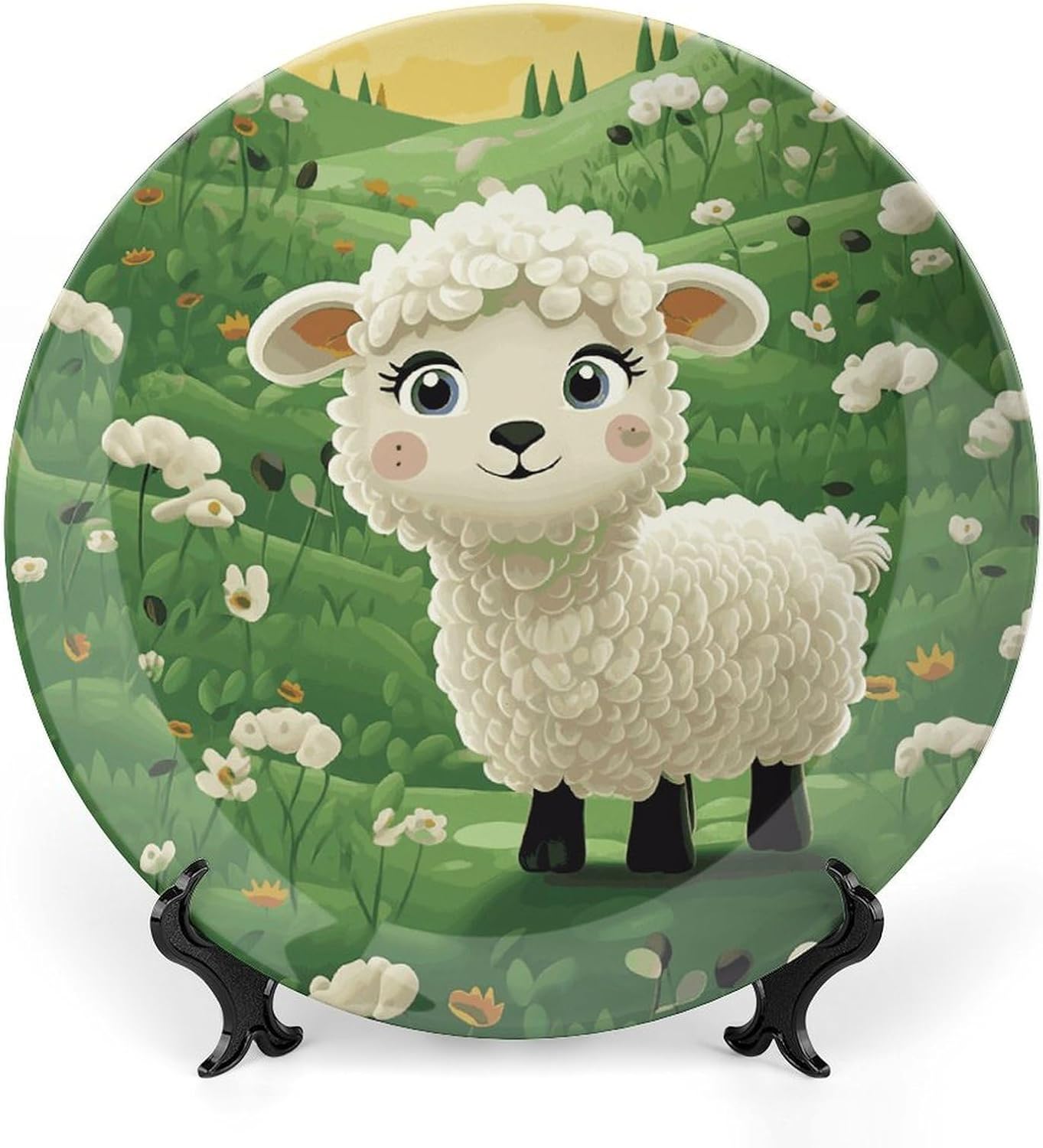 Cute Cartoon Sheep Bone China Decorative Plate with Display Stand, Ceramic Ornaments Plate for Wall Hanging, Personalized Porcelain Plates for Office, Living Room 8inch