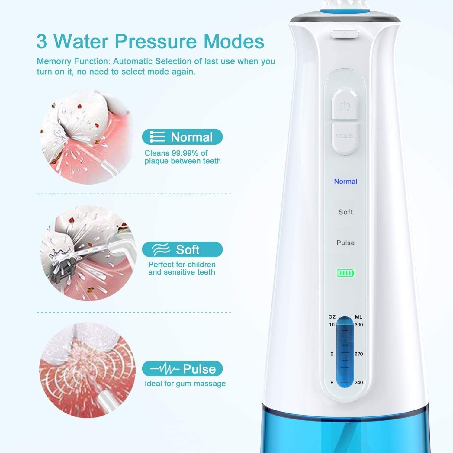 Irrigateur Oral Dentaire Portable avec 3 Modes, 6 Conseils à Jet remplaçables, nettoyant de Dents imperméables Rechargeable for la Maison et Les Voyages -300ml Réservoir détachable