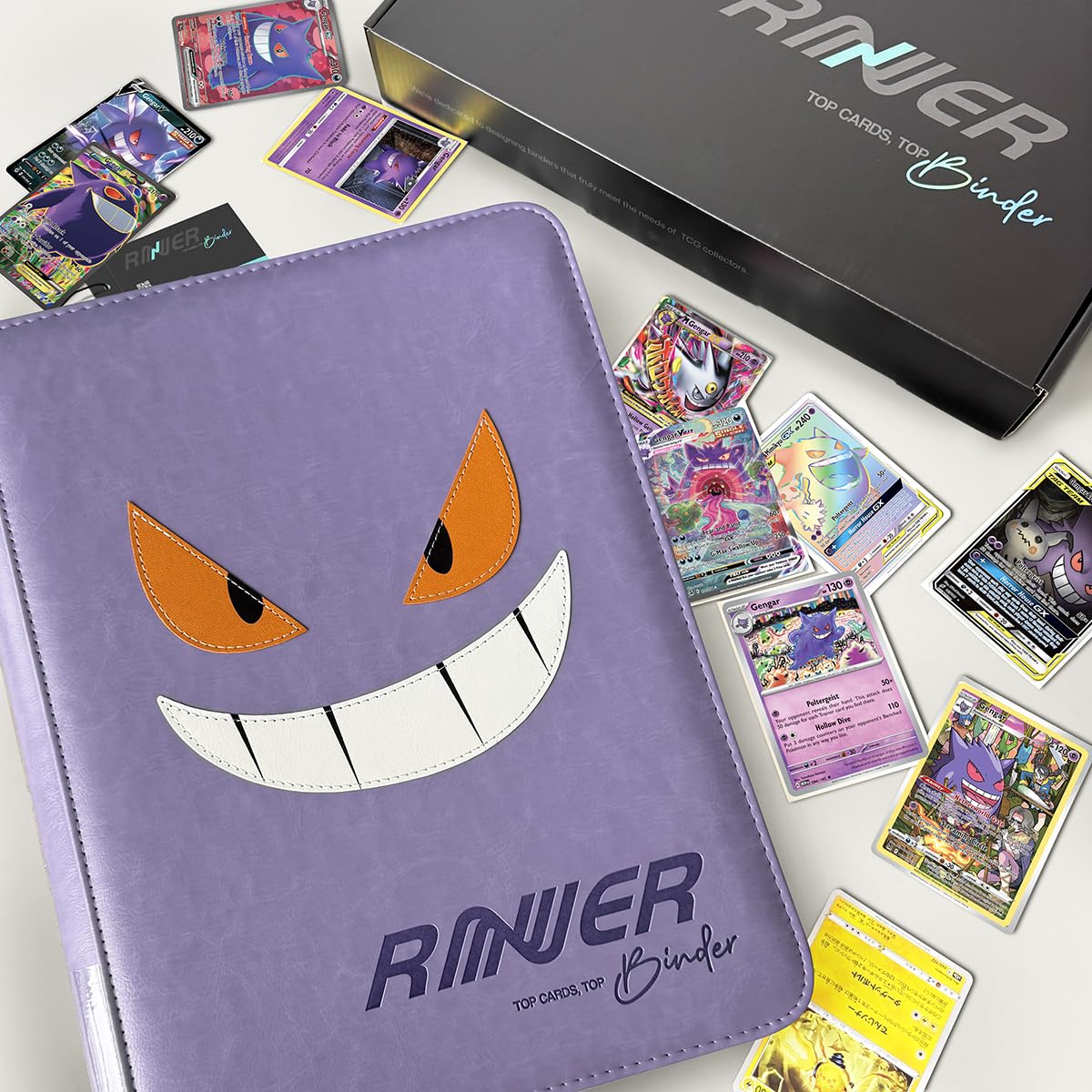Ravaver Kartenbinder 9 Pocket 360 Sammelkarten Etikettenschlitz Lila | TCG Card Games Sammelmappe Buchmappe mit seitlichen Hüllen und exklusivem 3D-Stickerei-Kunstwerk
