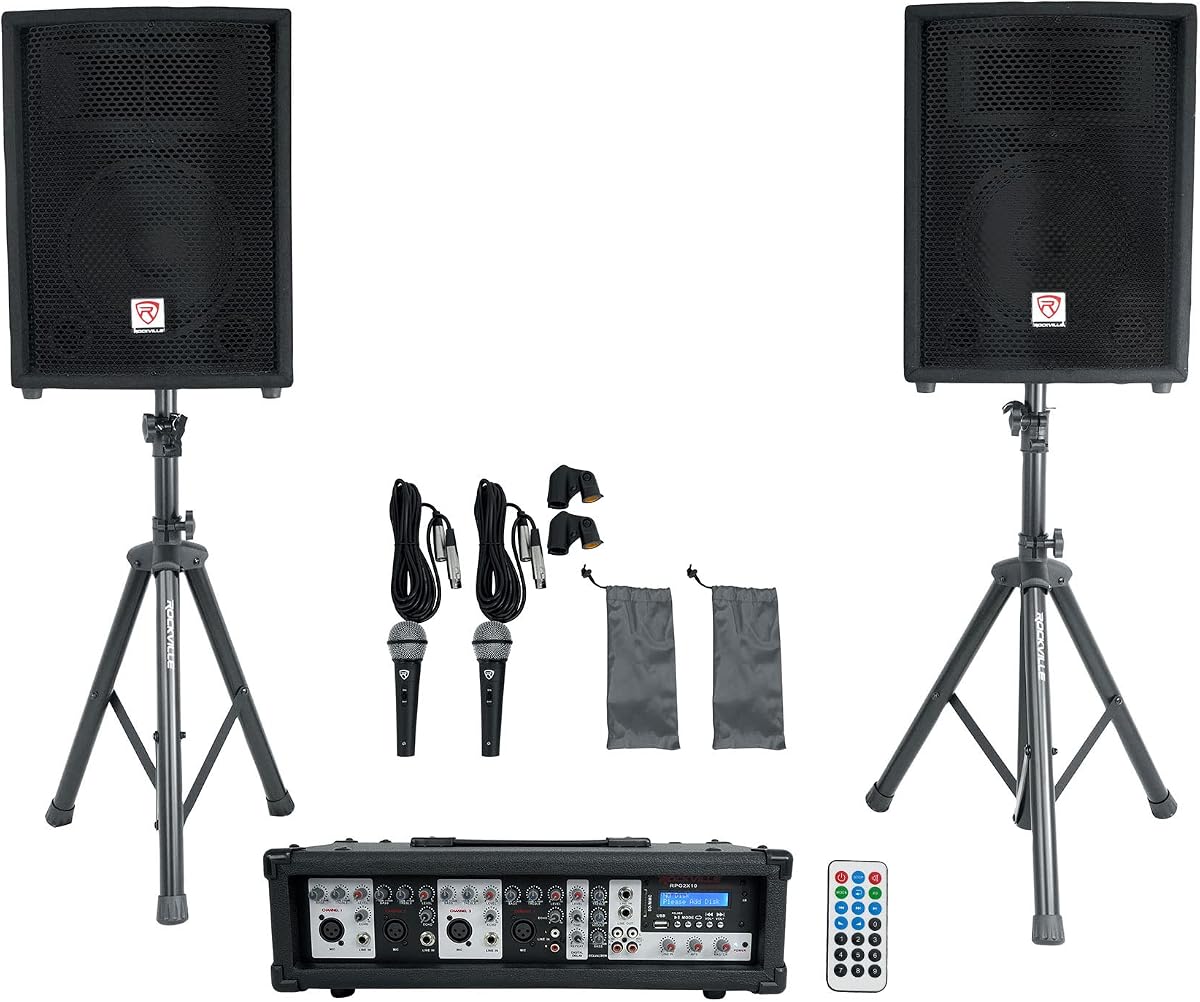 Rockville RPG2X10 V2 Sistema PA de 10 pulgadas, 200 W RMS / 800 W pico, mezclador autoamplificado de 4 canales con Bluetooth, 2 parlantes, 2 soportes, 2 micrófonos RMM-XLR, USB SD MP3, para eventos de DJ Karaoke