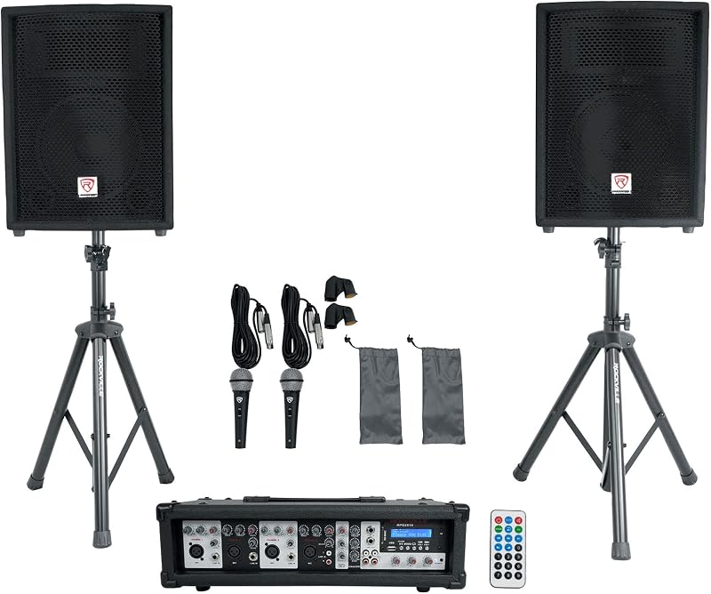 Rockville RPG2X10 V2 Sistema PA de 10 pulgadas, 200 W RMS / 800 W pico, mezclador autoamplificado de 4 canales con Bluetooth, 2 parlantes, 2 soportes, 2 micrófonos RMM-XLR, USB SD MP3, para eventos de DJ Karaoke