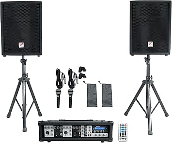 Rockville RPG2X10 V2 10 in Package PA System 200W RMS / 800W Peak, 4-Channel Powered Mixer with Bluetooth, 2 Speakers, 2 Stands, 2 RMM-XLR Mics, USB SD MP3, for DJ Karaoke Events