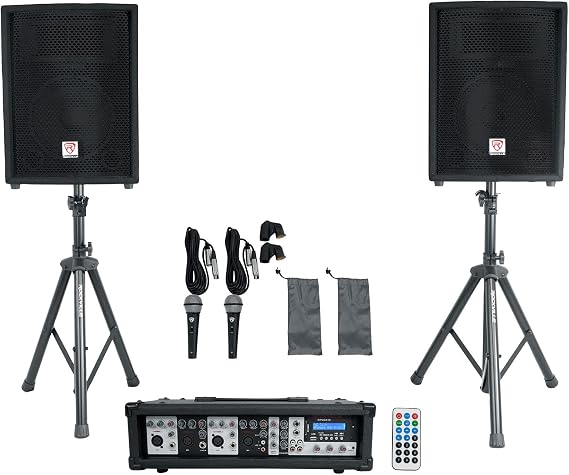 Rockville RPG2X10 V2 10 in Package PA System 200W RMS / 800W Peak, 4-Channel Powered Mixer with Bluetooth, 2 Speakers, 2 Stands, 2 RMM-XLR Mics, USB SD MP3, for DJ Karaoke Events