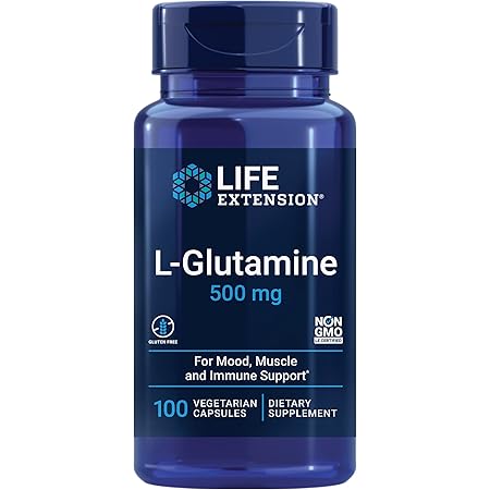 Life Extension L-Glutamine, 500 mg L-glutamine, amino acid, supports muscle health and immune health, gluten-free, non-GMO, 100 vegetarian capsules