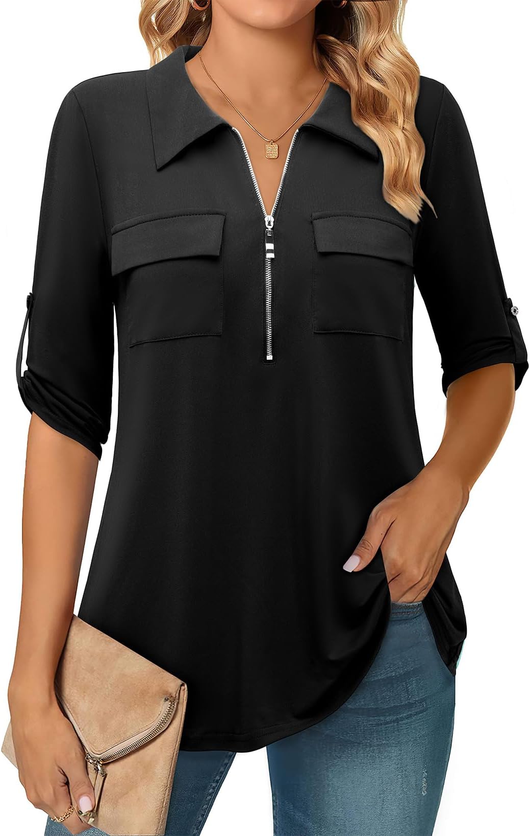 BulotusWomen's 3/4 Sleeve Collared Blouses Business Casual Zip Front V Neck Loose Fit Tunic Tops, Black, XL