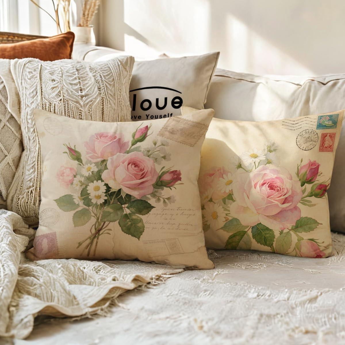 2pack Retro Flower Throw Pillow Covers Peony Rose Home Decorative Pillow Covers Vintage Cushion Cases Retro Postcard Style Pillowcase 18×18 inches for Spring Summer Decor(Pink/White) image 5