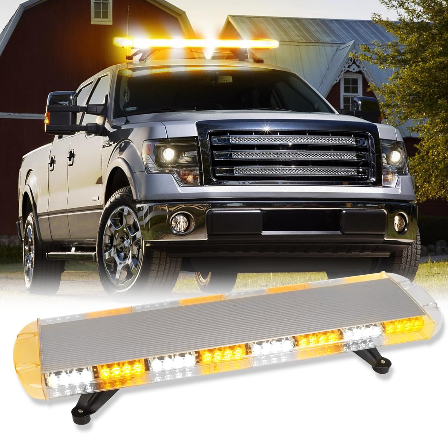 38" 72 LED Roof Top Strobe Lights for Trucks, Emergency Warning Hazard Flashing Traffic Light Bar for Security Tow Truck Construction Vehicles, (Amber/White/Amber)
